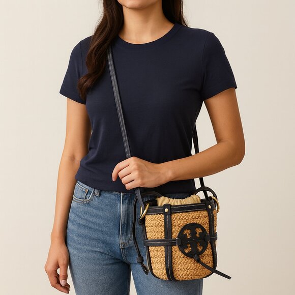 Tory Burch Accessories - Tory Burch Miller Straw Bucket Bag Natural Navy Crossbody Purse Leather Trim
